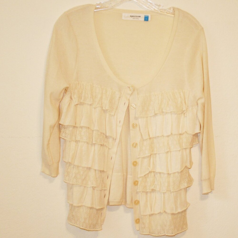 Anthropologie Sparrow Off White cardigan ruffled sweater Size Large